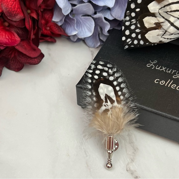 Handmade Black and White Feather Bow Tie Boutonnière Lapel Pin Set - Picture 8 of 16